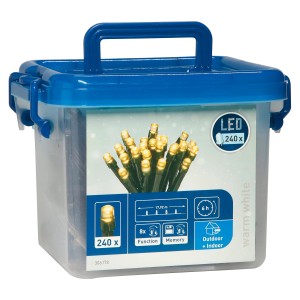 LED-Lichterkette mit 240 warmweißen LEDs in Kunststoffbox mit schwarzem Kabel.
