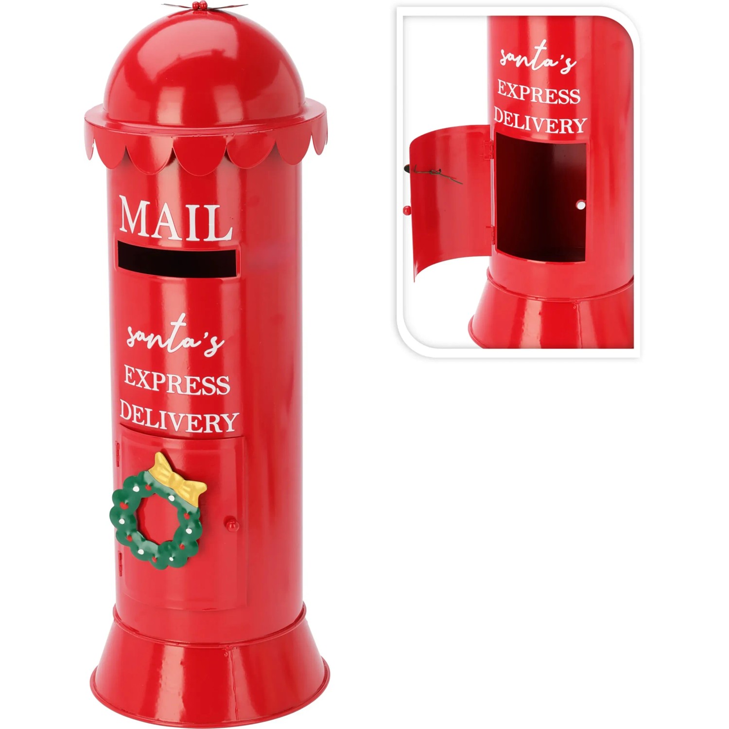 Roter Weihnachts-Briefkasten aus Eisen, 53cm hoch, mit Wreath und "Mail" Aufschrift als festliche Dekoration.