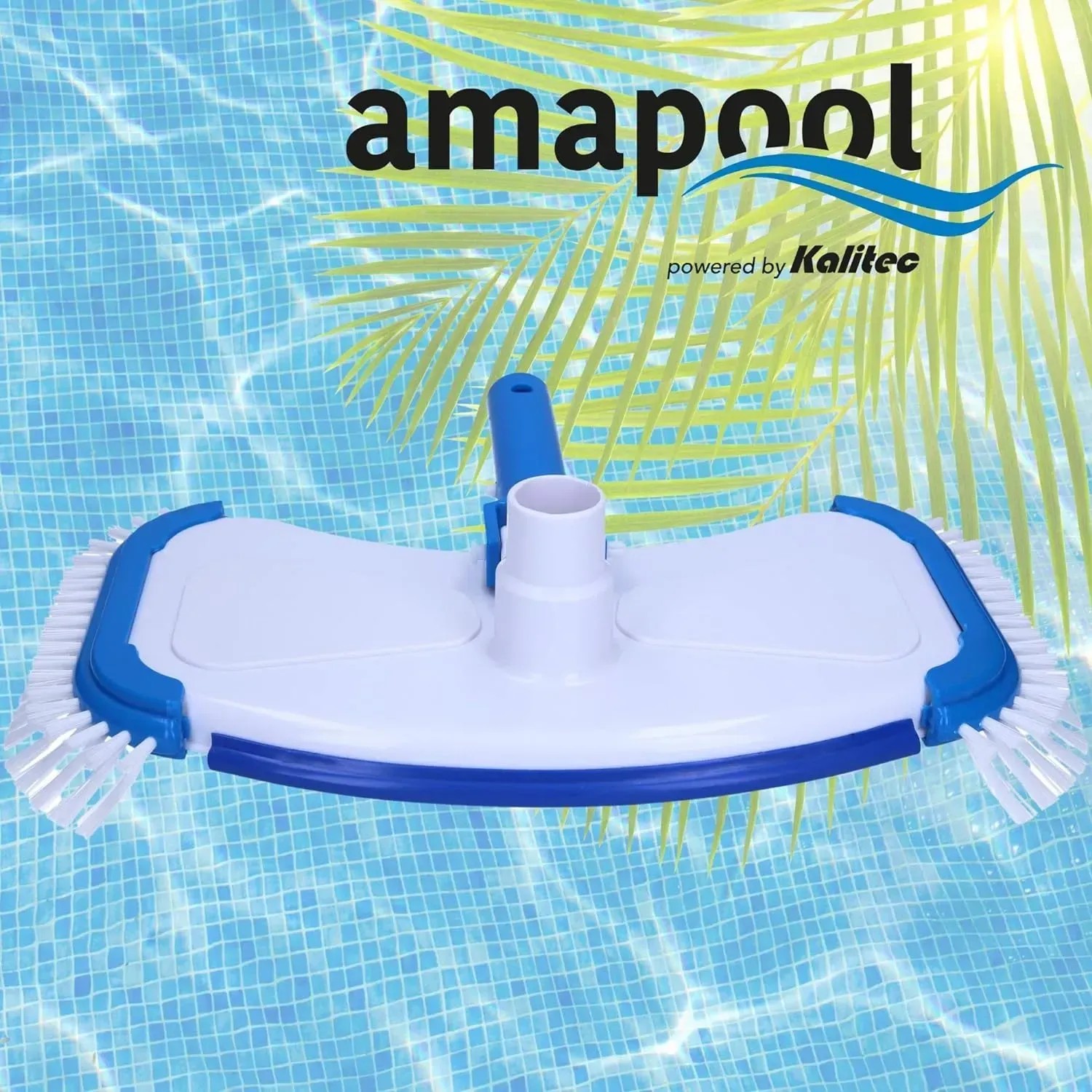 Amapool Pool-Bodensauger Deluxe, blau-weiße Poolbürste mit seitlichen Borsten für Aufstellpools.