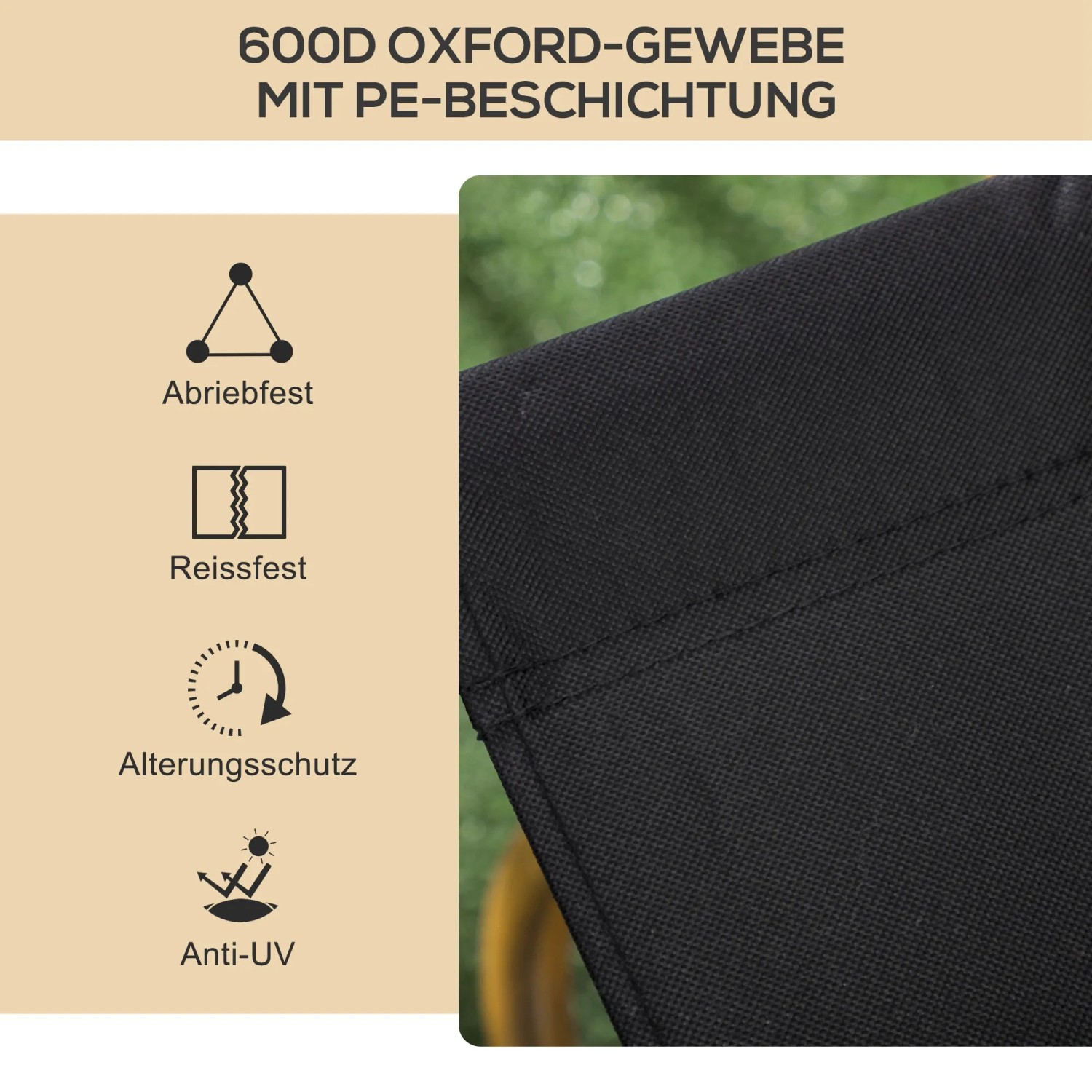 Detailaufnahme: Robustes Oxford-Gewebe des schwarzen Outsunny Campingstuhls, abriebfest, reißfest und UV-beständig.