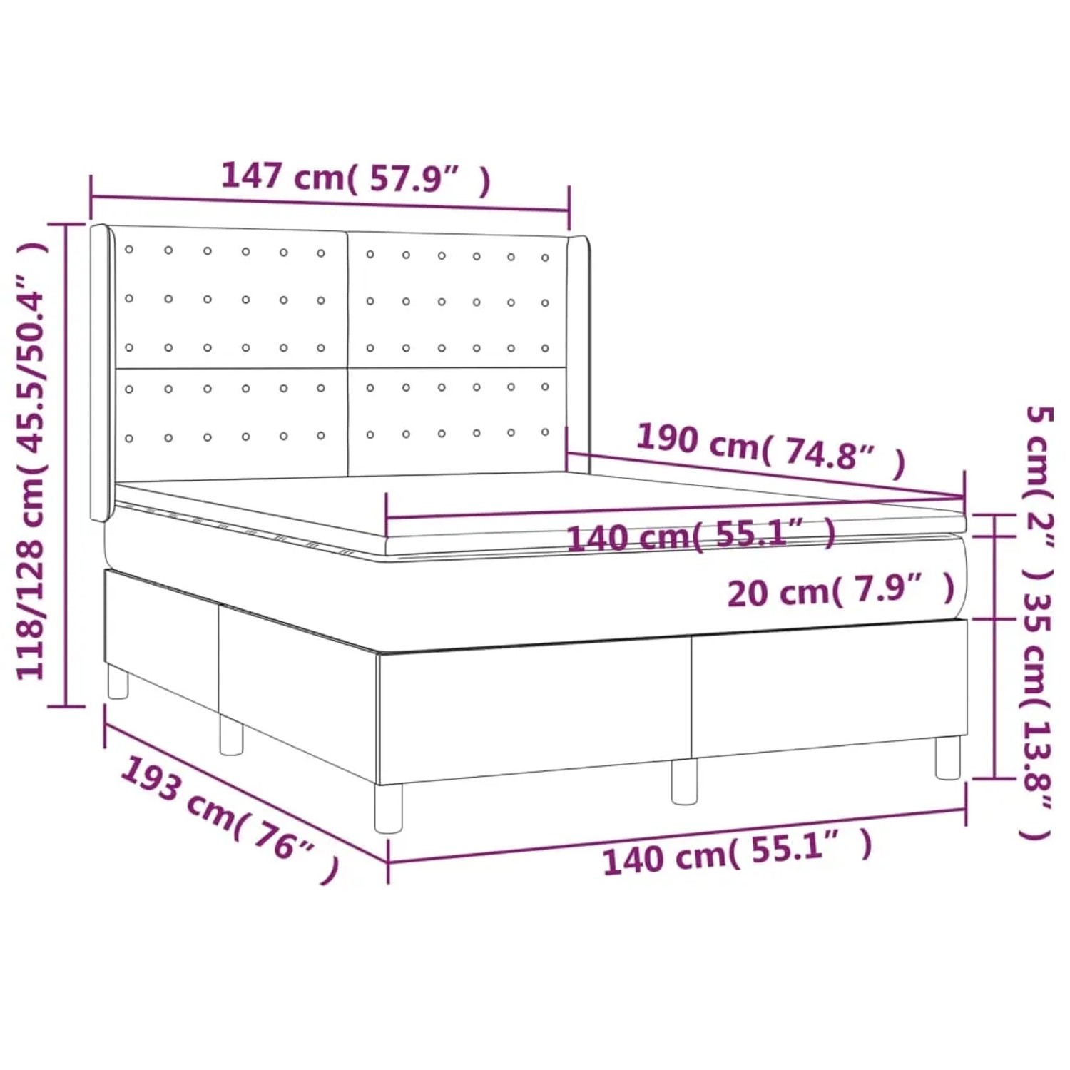 Graues vidaXL Boxspringbett 140x190 cm mit Matratze und Kunstlederbezug.