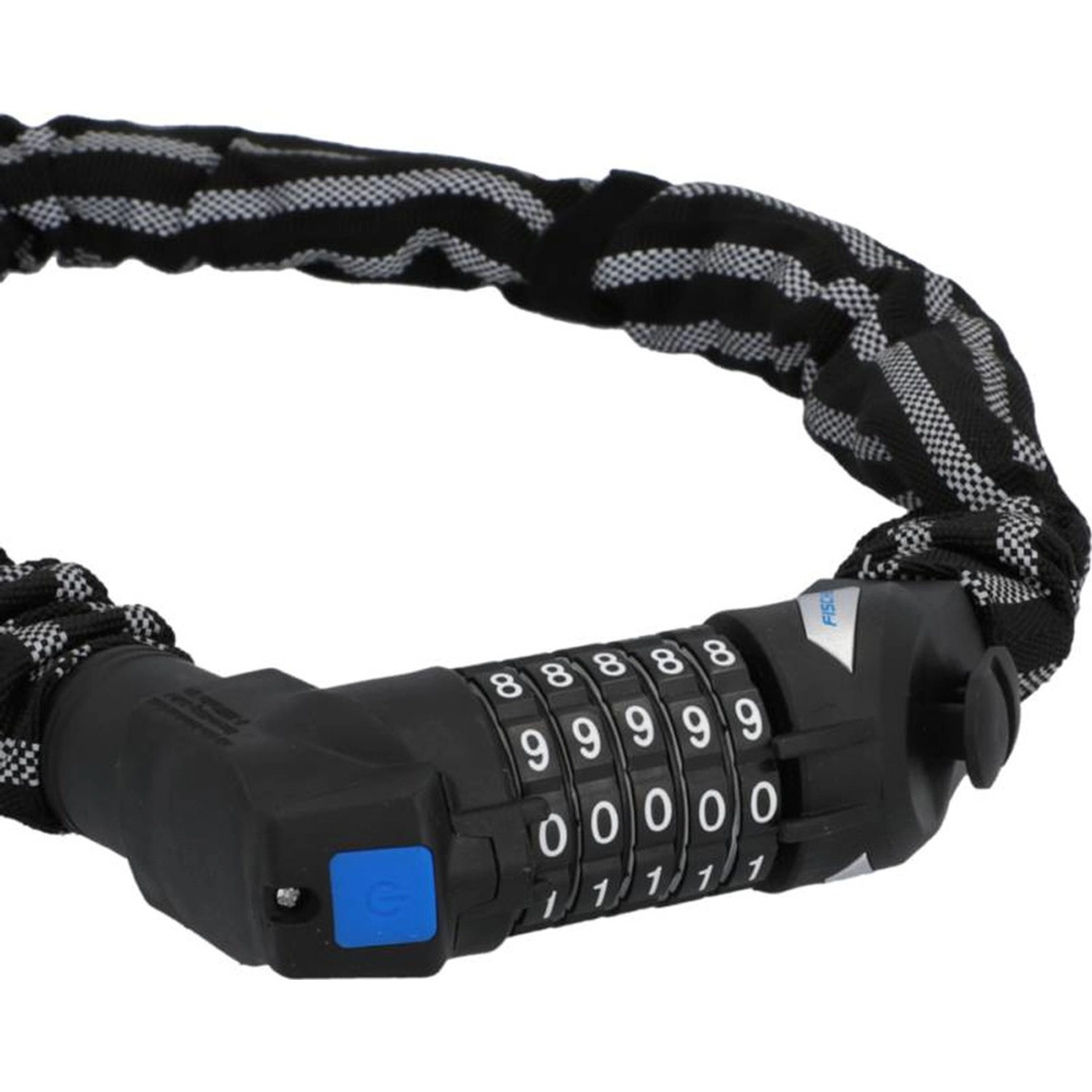 Fischer Kettenschloss Reflex mit Zahlen, 80 cm, mit reflektierendem Textilüberzug und Zahlenschloss.