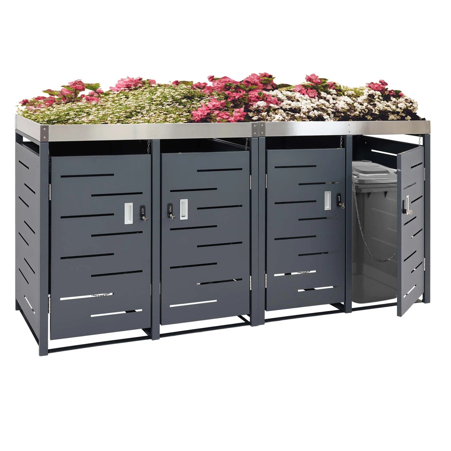 PROREGAL Mülltonnenbox anthrazit für 4 Tonnen mit Pflanzkasten und abschließbaren Stahltüren. Modernes Design.