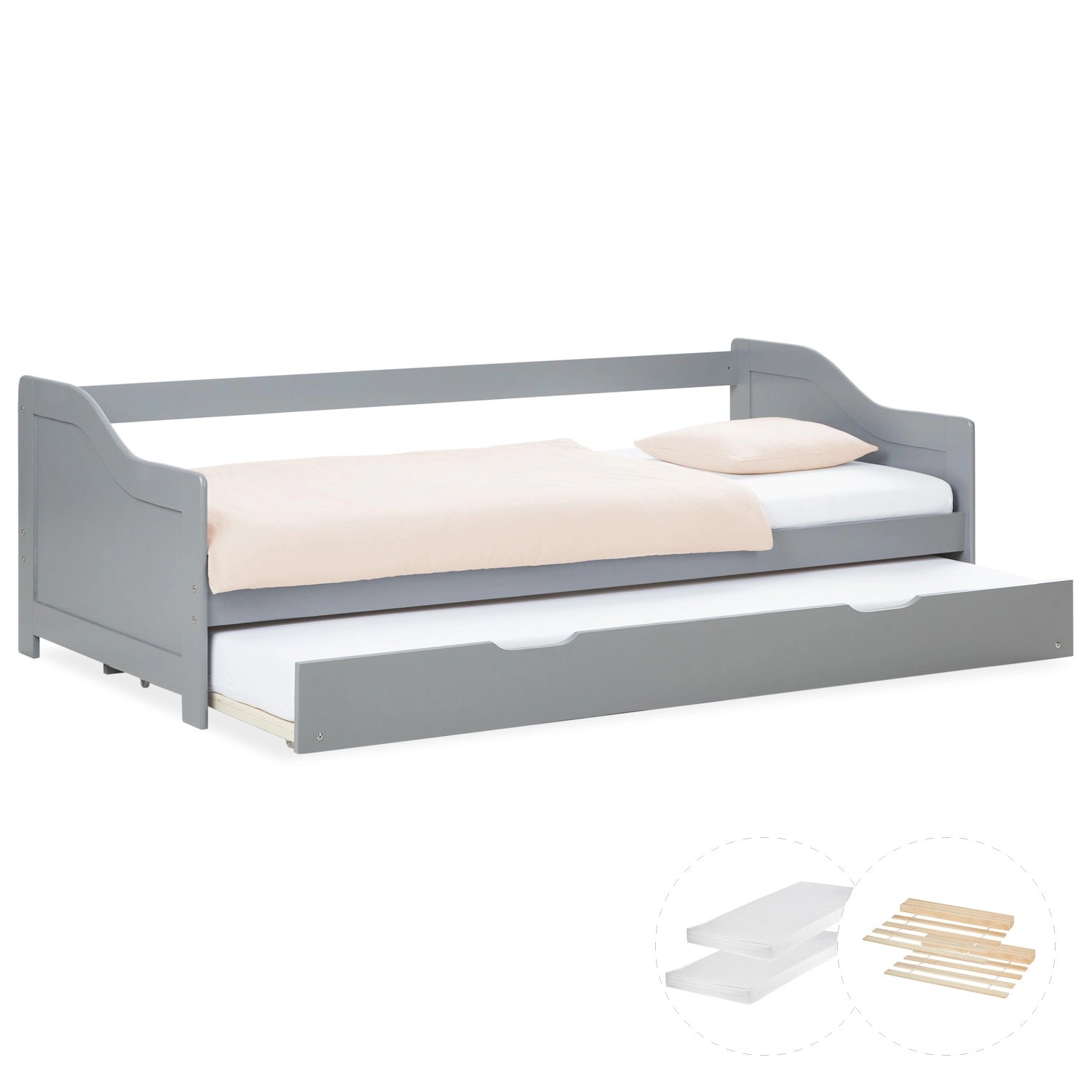 Homestyle4u Tagesbett Ausziehbett 90x200 cm Grau mit Matratze 3080 günstig online kaufen