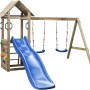 SwingKing Spielturm Maria mit blauer Rutsche und Doppelschaukel aus Holz, ideal für den Garten.