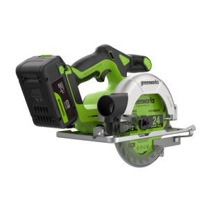 Greenworks Akku-Handkreissäge CR3165A4 Set mit Akku, Ladegerät und 165 mm Sägeblatt.