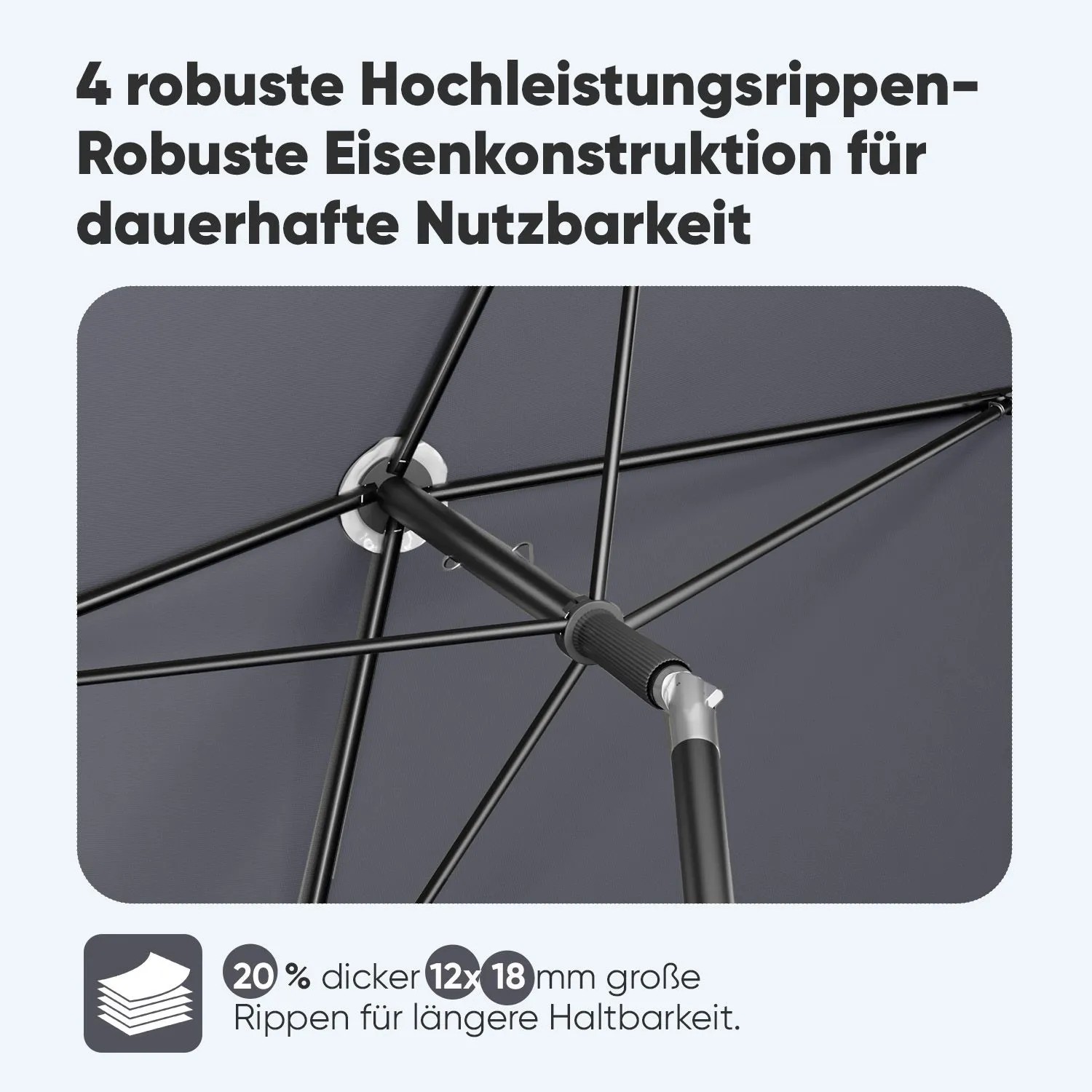 Detailaufnahme: Stabiles Gestell des rechteckigen Sekey Sonnenschirms für Balkon und Terrasse.