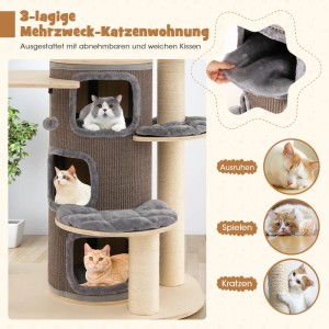 Grauer Costway Kratzbaum aus Holz mit mehreren Ebenen und Liegeflächen für Katzen.