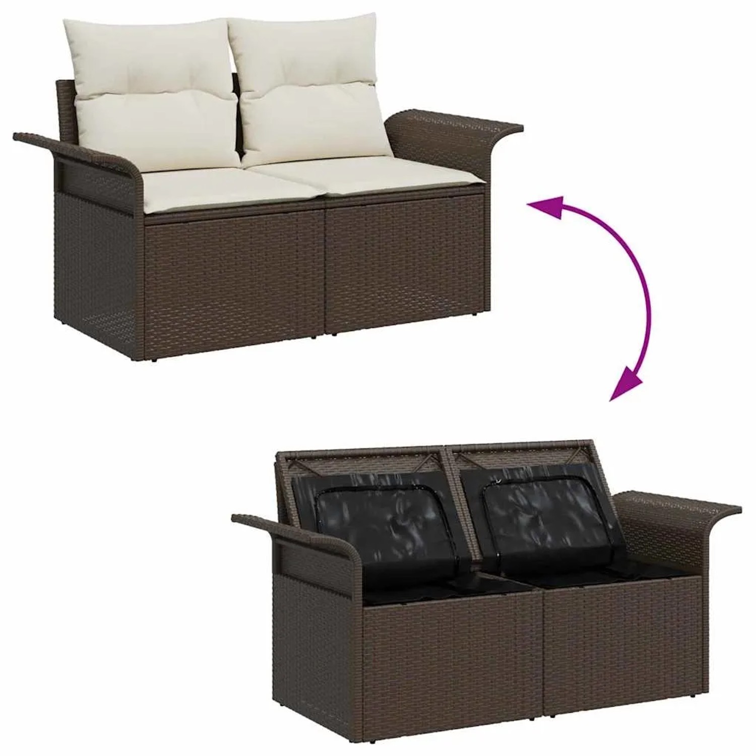 Braunes vidaXL Garten-Sofa-Set aus Rattan mit Kissen und Stauraum, 7-teilig. Gartenmöbel für Terrasse und Garten.