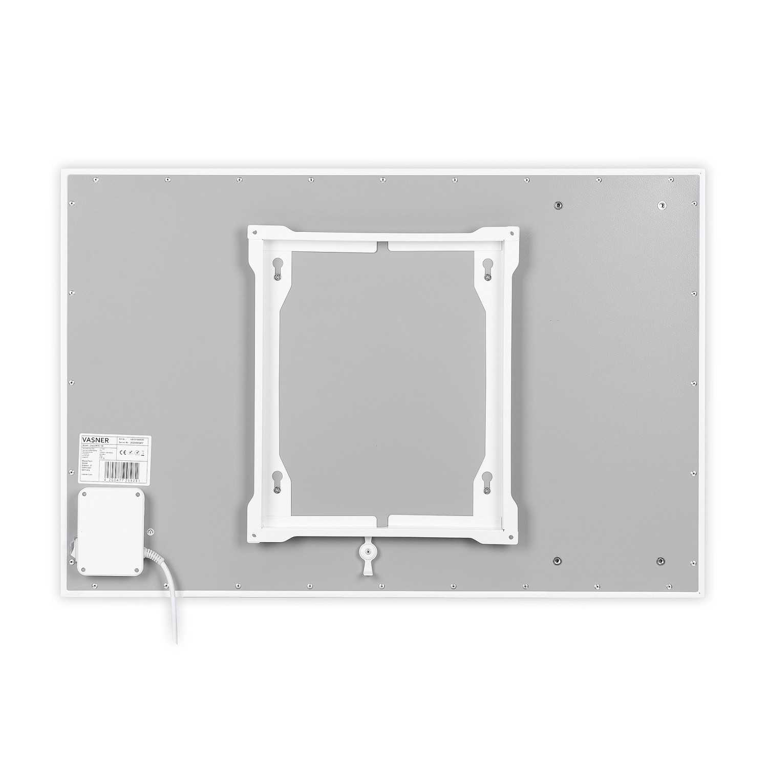 Rückansicht der weißen Vasner Funk-Infrarotheizung Citara M RX 300W mit Wandhalterung.