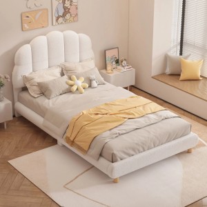 Weißes okwish Kinderbett 90x200 cm mit gepolstertem Kopfteil im Kinderzimmer.