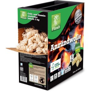 FLASH Anzündwolle im 5 kg Koffer. Anzünder aus Naturholz und Wachs für Grill, Kamin und Ofen.