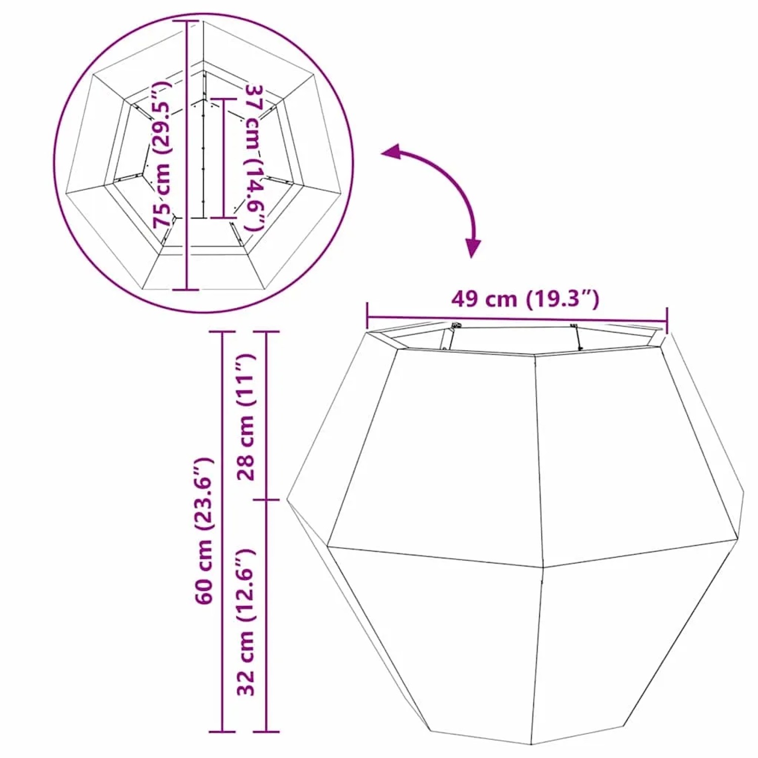 Maßzeichnung eines facettierten Stahl-Pflanzkübels, 75 cm breit, 60 cm hoch.