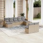 Beige 9-tlg. Garten-Sofagarnitur aus Polyrattan mit grauen Kissen. Modulare Gartenmöbel für Terrasse und Garten.