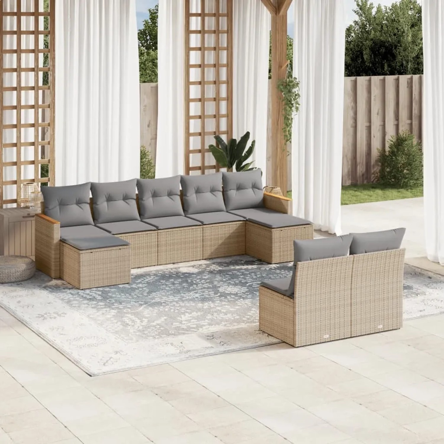Beige 9-tlg. Garten-Sofagarnitur aus Polyrattan mit grauen Kissen. Modulare Gartenmöbel für Terrasse und Garten.