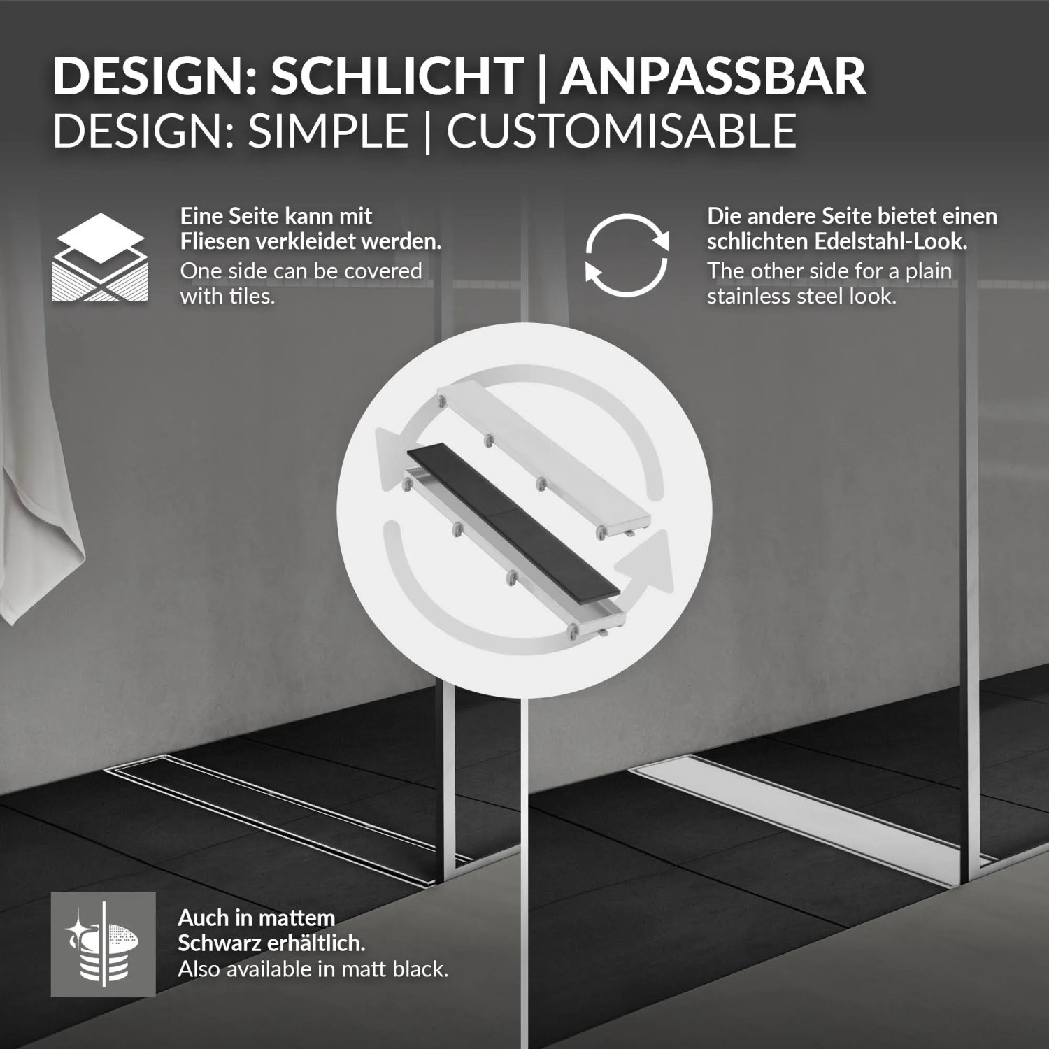 LuxeBath Duschrinne 90cm, befliesbar & wendbar, silber. Extra flache Edelstahlduschrinnen für barrierefreies Bad.