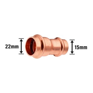 Press-Reduziermuffe aus Kupfer, 22 mm x 15 mm, für Kupferrohr-Verbindungen im Heizungsbau.