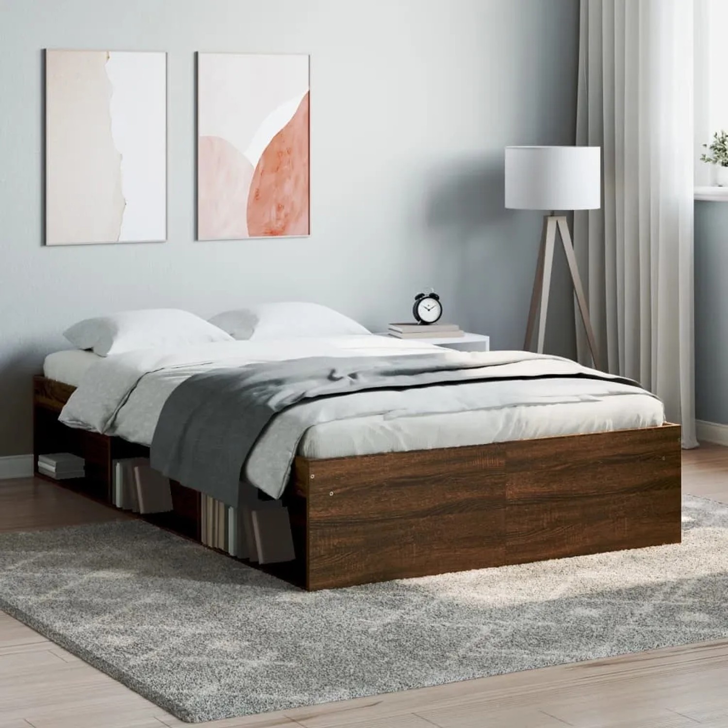 Bettgestell in Braun Eichen-Optik (120x200 cm) mit Stauraum unter dem Bett.