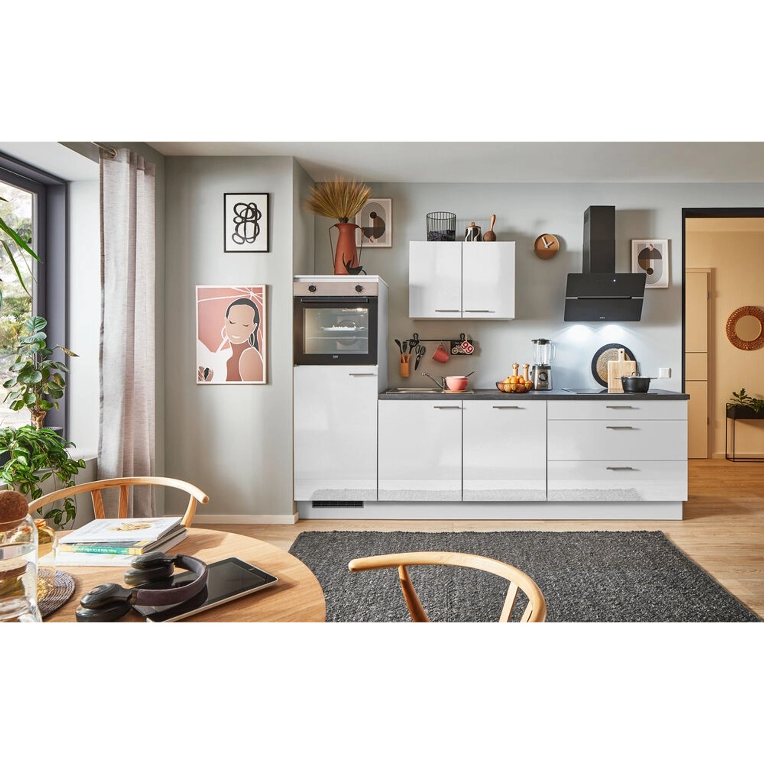 pino Küchenzeile 260 cm Lichtgrau Hochglanz Anschlag,inks 1 Geräteschrank günstig online kaufen