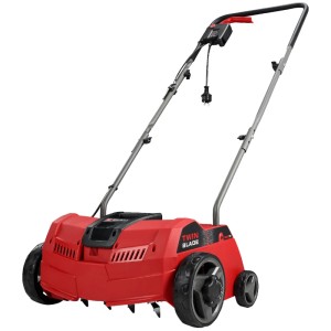 Roter Einhell Elektro-Vertikutierer-Lüfter GC-SCA 1231/1 mit schwarzem Griff und Rädern für die Rasenpflege.