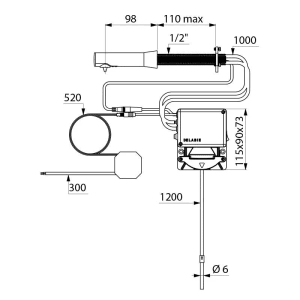 Technische Zeichnung Delabie BINOPTIC Seifenspender, automatische Wandmontage, Maße und Details.
