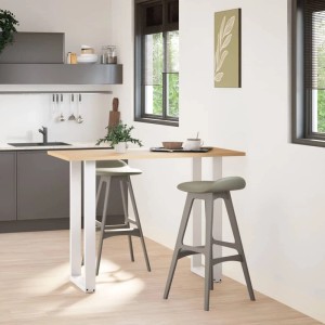 Zwei weiße U-förmige Stahl-Bartischbeine stützen eine Holzplatte in einer modernen Küche. Ideal für Bartische.