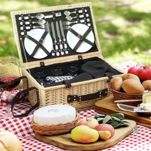 Outsunny Picknickkorb Weidenrute Keramik Naturholz 54L x 34B x 20H cm