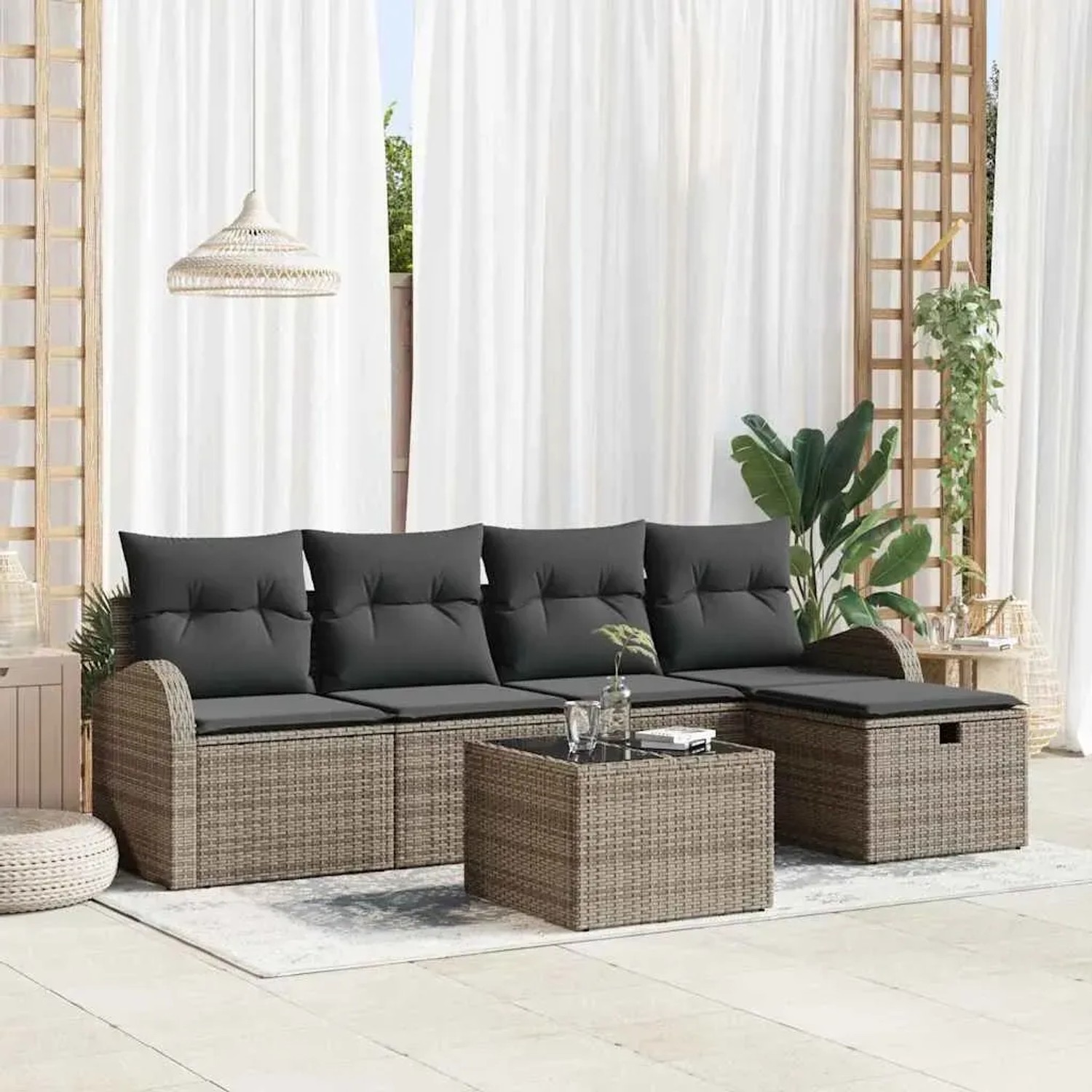 Graues 6-tlg. vidaXL Garten-Sofa-Set aus Poly Rattan mit Kissen und Stauraum.