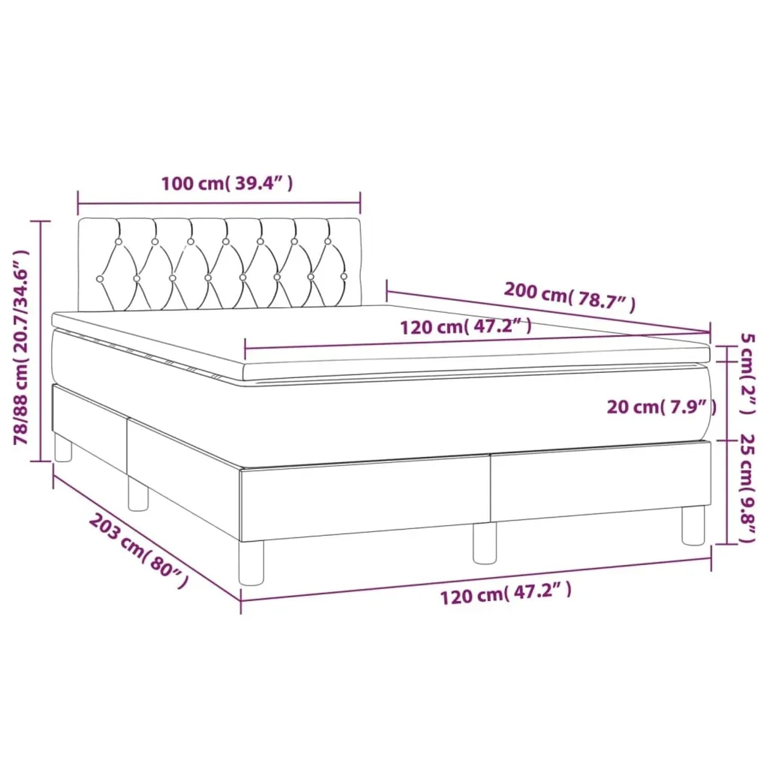 vidaXL Boxspringbett Creme 120x200 cm mit Matratze und Kopfteil, Maße dargestellt.