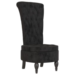 Schwarzer Polsterstuhl mit hoher Rückenlehne, Samtbezug und Knopfheftung. Eleganter Loungesessel für Wohnzimmer.