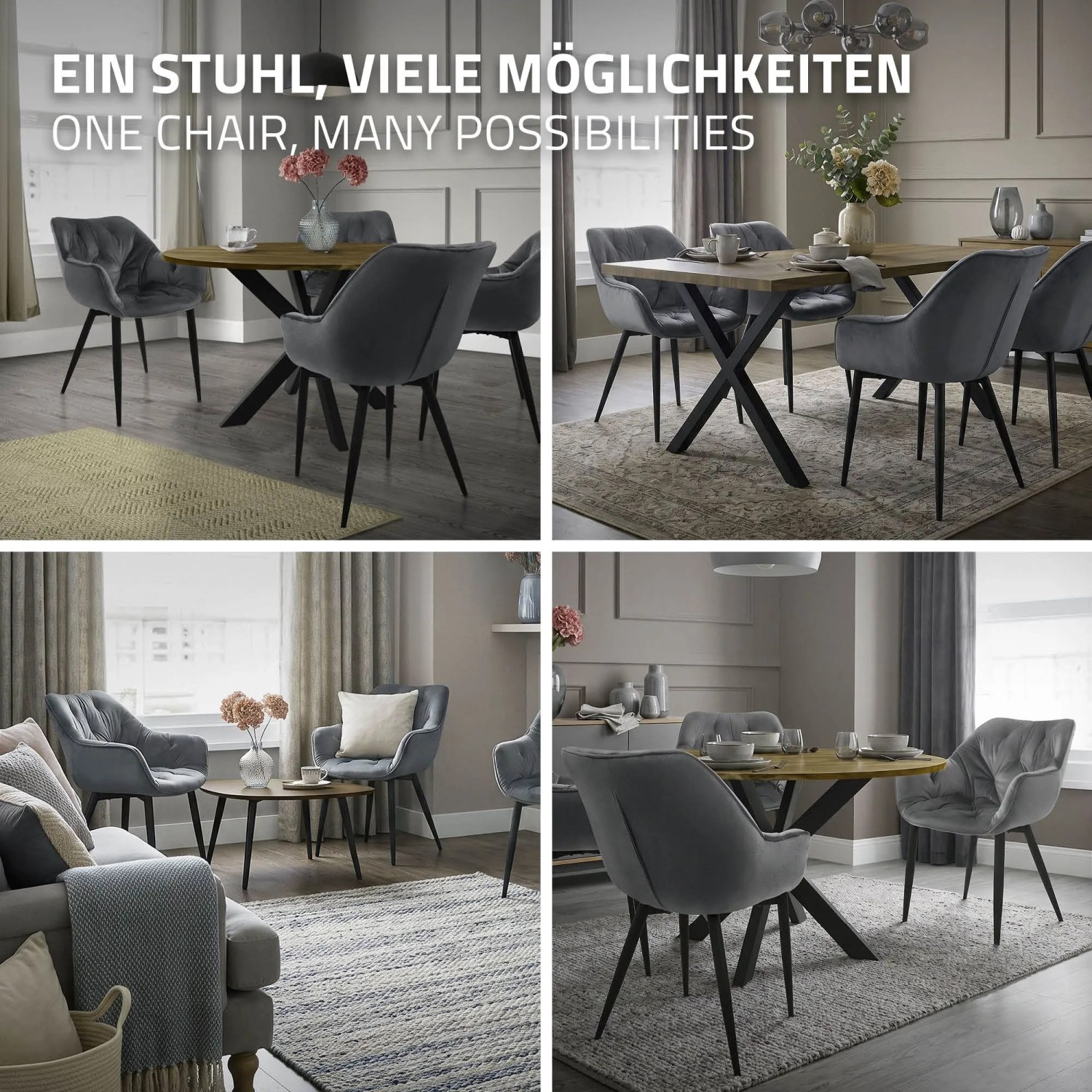 6er Set ML-Design Polsterstühle aus anthrazitfarbenem Samt mit Armlehnen und schwarzen Metallbeinen, vielseitig als Esszimmerstühle.