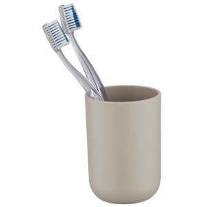 Wenko Zahnputzbecher Brasil Taupe mit zwei Zahnbürsten.