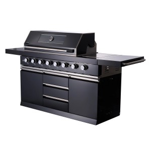 Buschbeck Outdoorküche Chester aus Edelstahl, schwarz lackiert mit 6 Brennern, Sizzle Zone und Unterschränken.