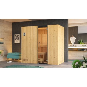 Weka Infrarotsauna Uppsala mit Glasfront, Holzverkleidung und Inneneinrichtung im Badezimmer.