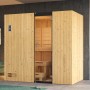 Weka Infrarotsauna Uppsala mit Glasfront, Holzverkleidung und Inneneinrichtung im Badezimmer.