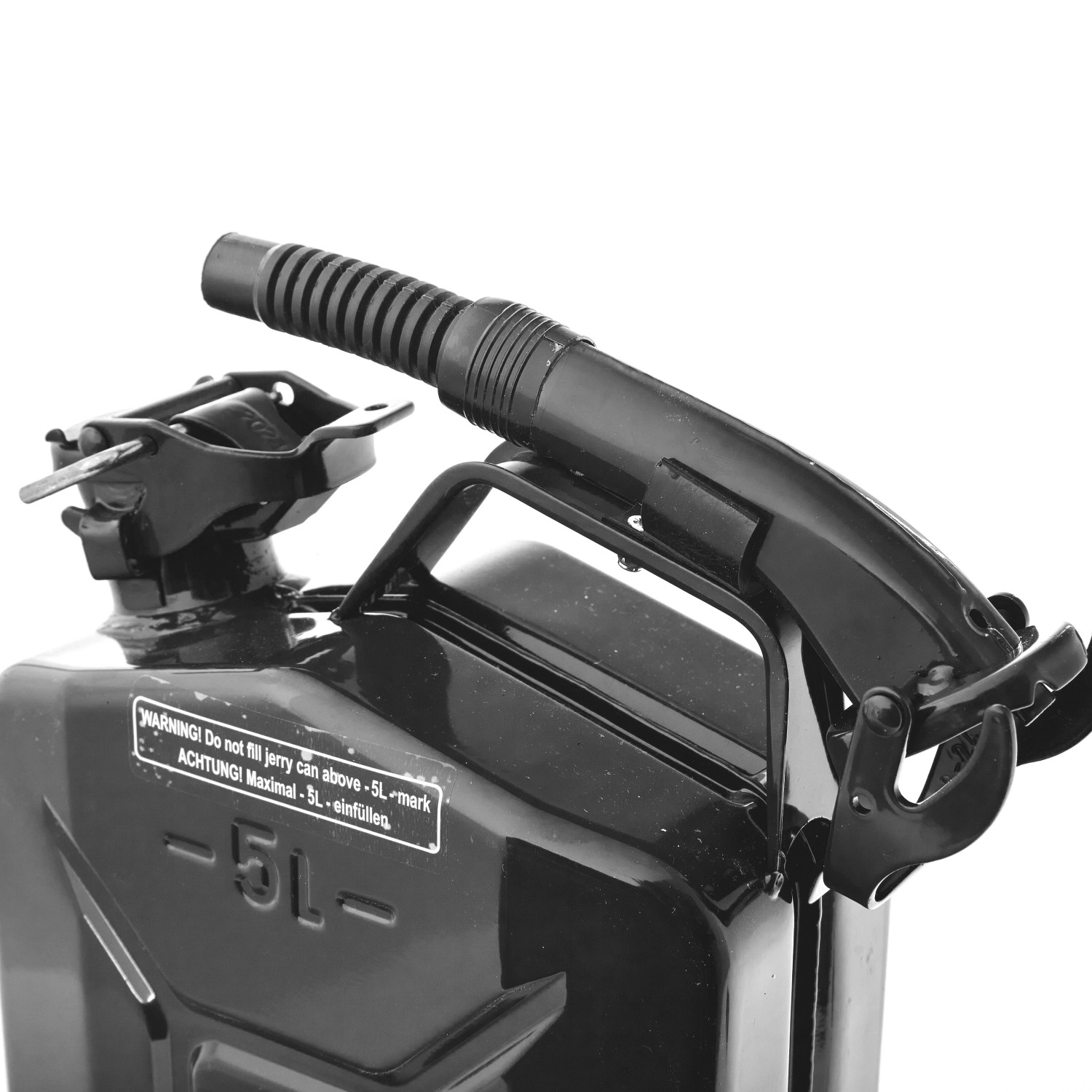 Schwarzer 5L Metall Kraftstoffkanister mit Ausgießer für Benzin, Diesel & E10.