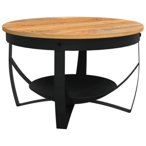 Runder vidaXL Couchtisch aus massivem Akazienholz mit natürlicher Maserung und schwarzem Eisengestell, Ø68x43 cm.