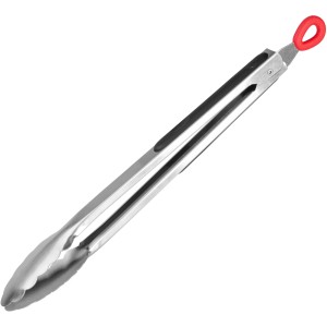 Grillzange aus Edelstahl, 34 cm lang, mit roter Griffschlaufe. Grillutensil für einfaches Wenden von Grillgut.