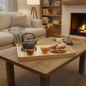 HolzFee Serviertablett aus Buche, 50x40 cm, mit Tee und Gebäck auf Holztisch. Ideal für Frühstück oder Kaffee.