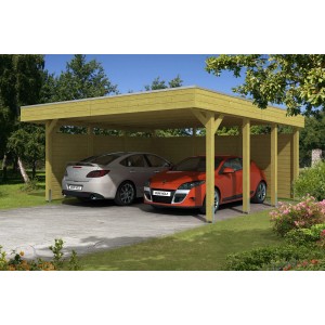 Skan Holz Doppelcarport Friesland Set 3 mit zwei geparkten Autos im Garten.