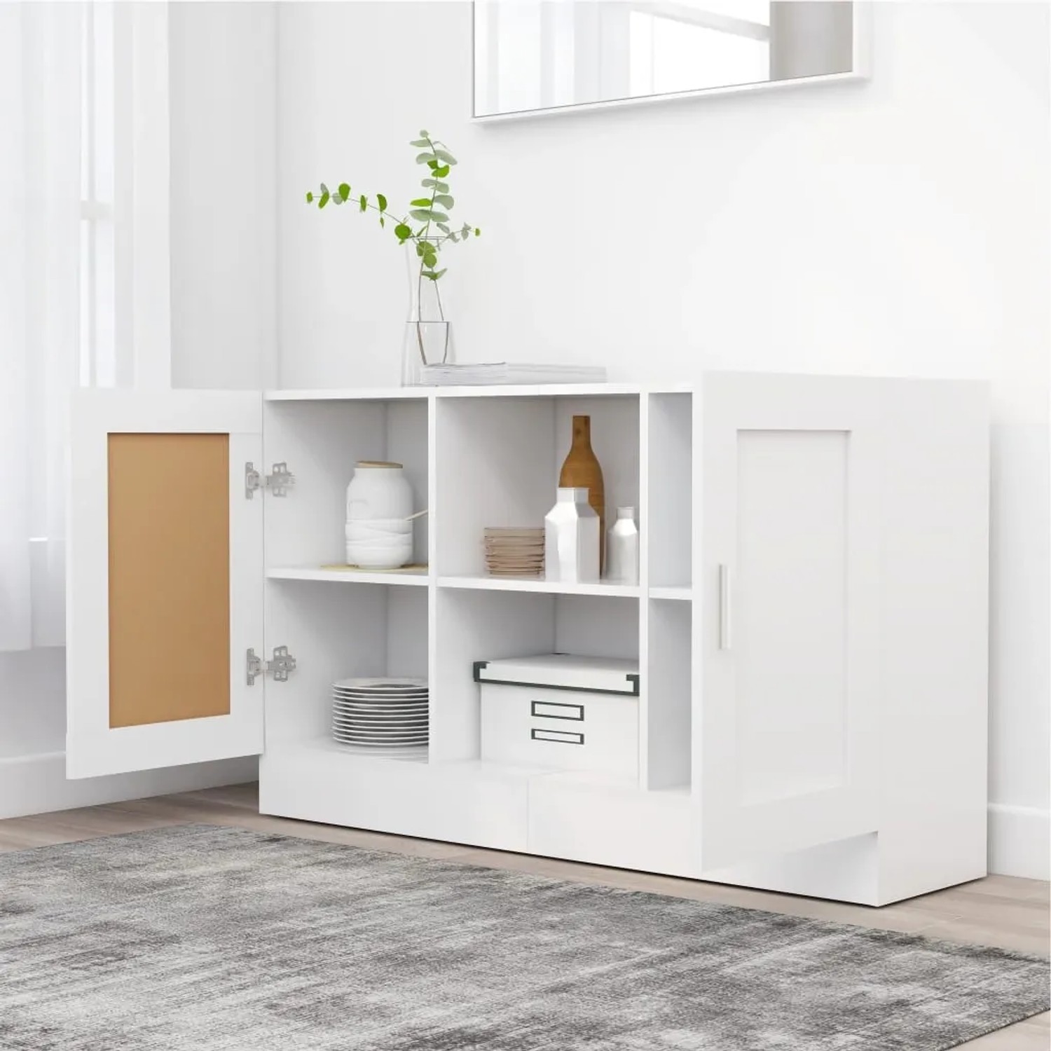 Weißes vidaXL Sideboard (120x30,5x70 cm) aus Holzwerkstoff mit Fächern und Türen.