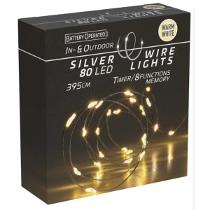 Verpackung der Silberdraht-Lichterkette mit 80 warmweißen LEDs für den Außenbereich.
