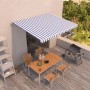 Blaue und weiße vidaXL Markise (400x350 cm) über einer Terrasse mit Tisch und Grill.