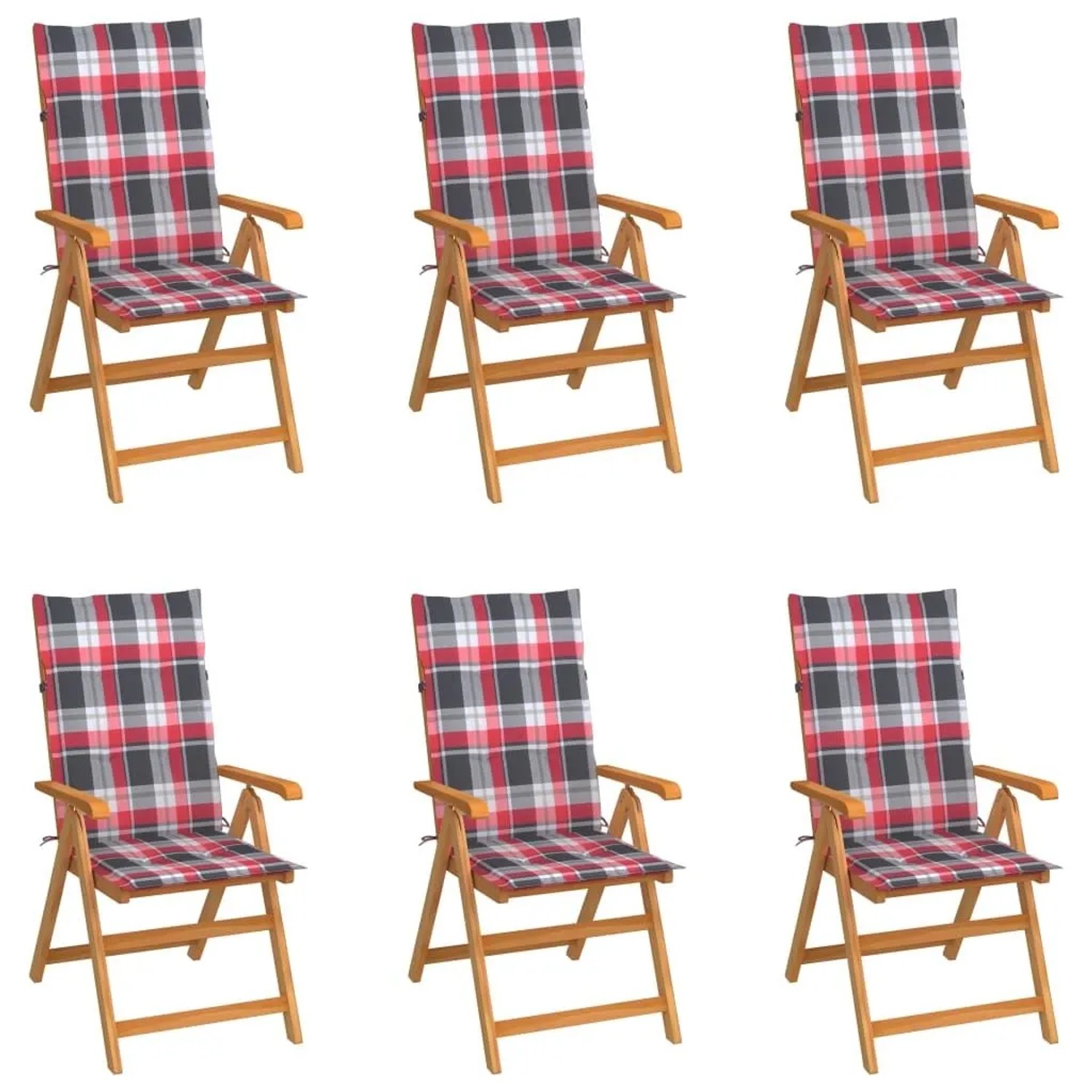 vidaXL Gartenstühle 6 Stk Rote Karomuster-Kissen Massivholz Teak 3065573