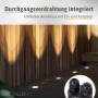 Eingebaute SSC-LUXon Juavi Bodeneinbauleuchten (schwarz) beleuchten einen Holzweg mit warmweißem Licht.