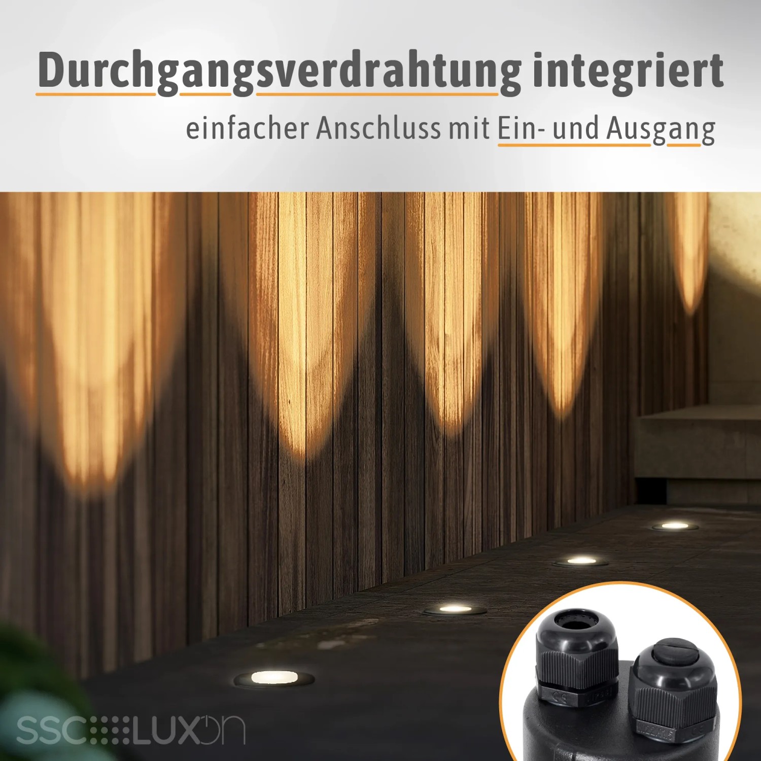 Eingebaute SSC-LUXon Juavi Bodeneinbauleuchten (schwarz) beleuchten einen Holzweg mit warmweißem Licht.