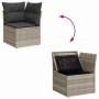 Hellgraues vidaXL Garten-Sofa-Set mit Stauraum, Poly Rattan, 7-teilig. Eckelement geschlossen und geöffnet dargestellt.