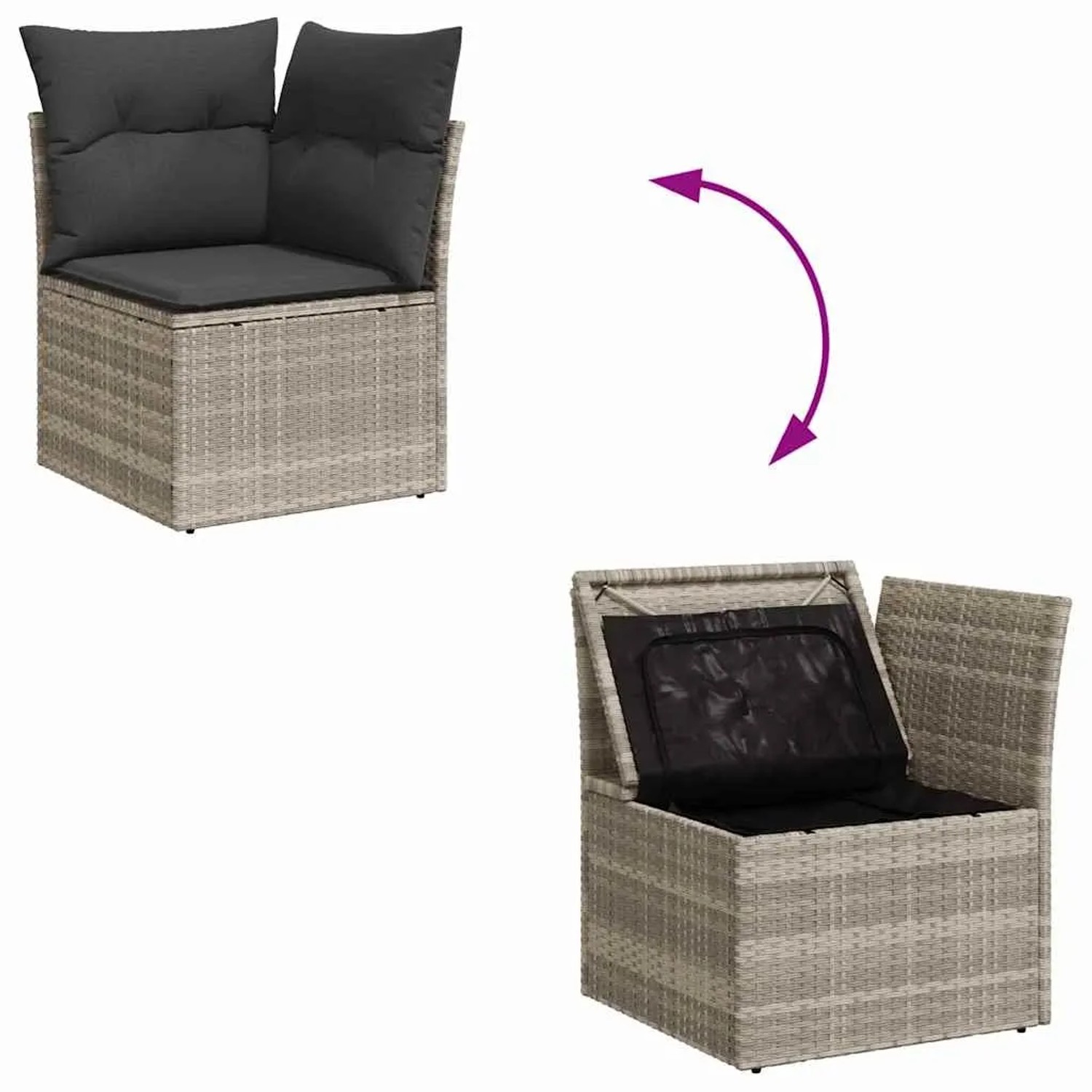 Hellgraues vidaXL Garten-Sofa-Set mit Stauraum, Poly Rattan, 7-teilig. Eckelement geschlossen und geöffnet dargestellt.