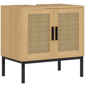 Kleankin Waschbeckenunterschrank in Eiche mit Rattan-Details und schwarzen Griffen.