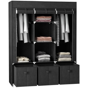 Schwarzer HOMCOM Stoffschrank mit Kleiderstangen, Schubladen und Fächern. Ideal zur Aufbewahrung von Kleidung.